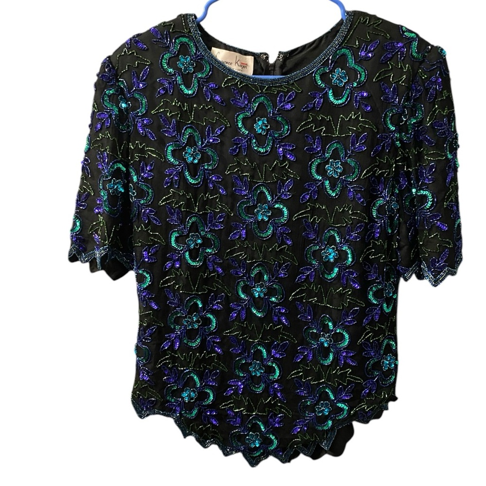 Laurence Kazar Floral Beaded Sequin Silk Evening Green Blue Black Top Women's L